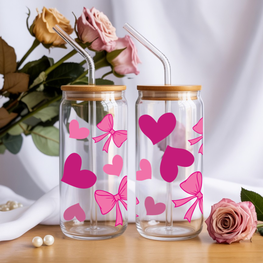 Hearts & Bows UV DTF transfer sticker, 16oz glass can wrap
