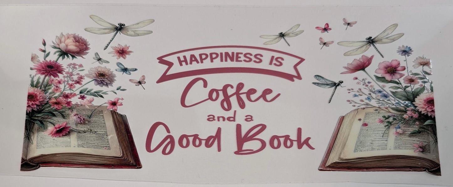 Happiness is Coffee And A Good Book UV DTF transfer sticker, 16oz glass can wrap