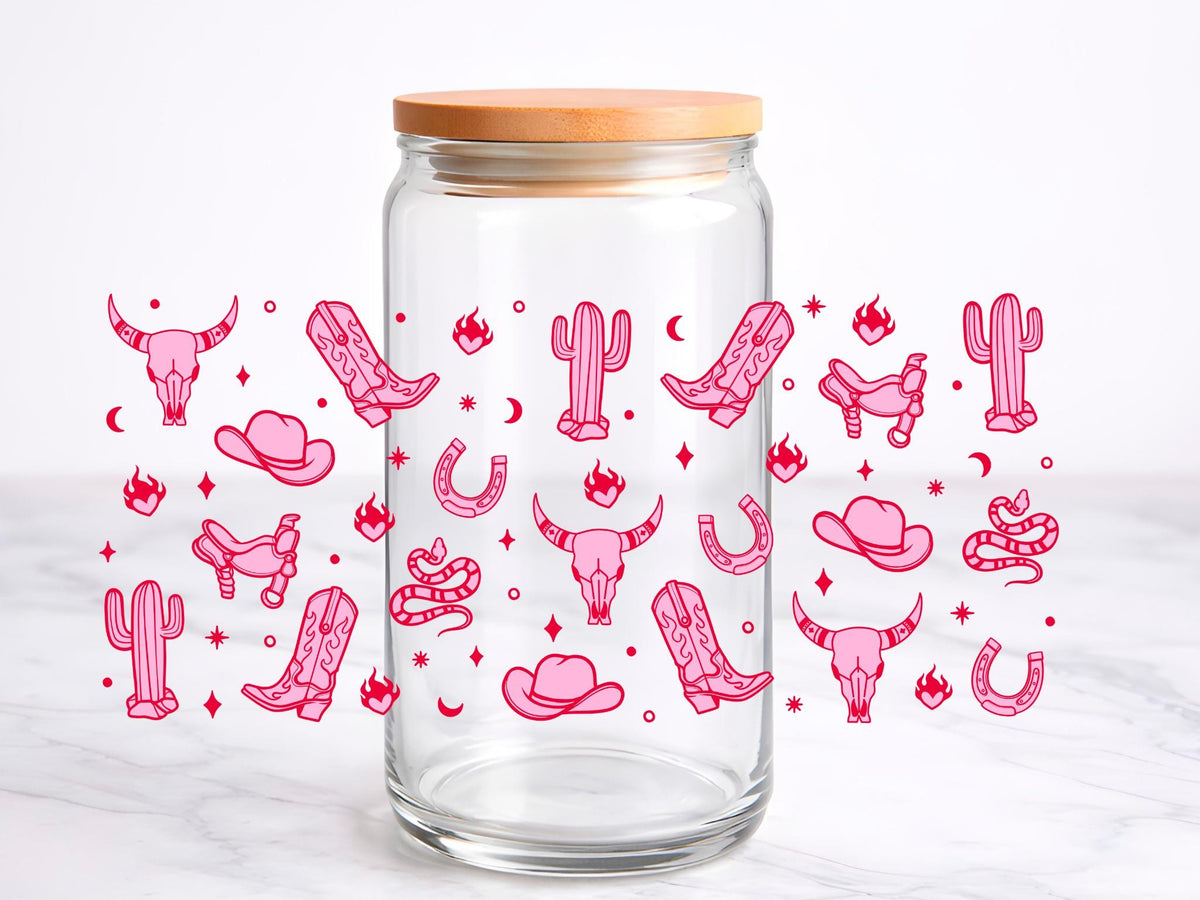 Pink Cow Girl UV DTF transfer sticker, 16oz glass can wrap __etsy:7997496018