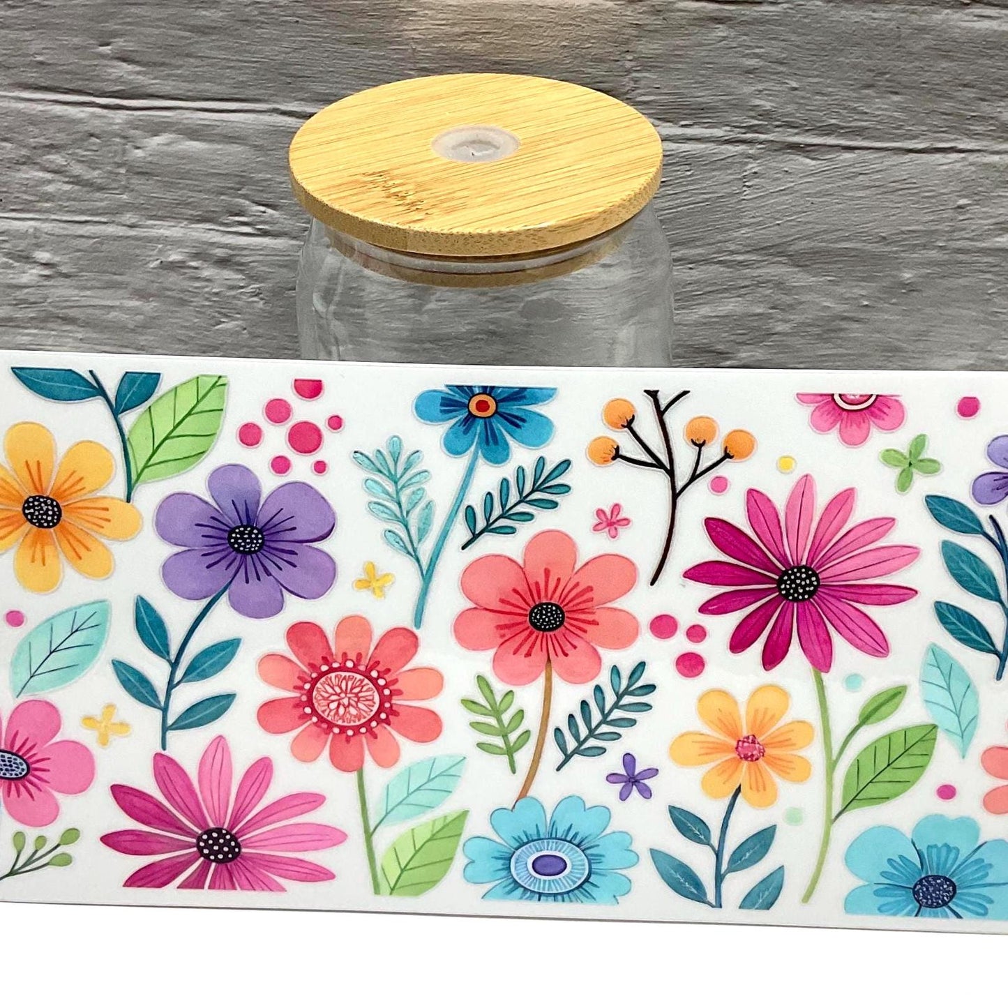 Meadow Floral UV DTF transfer sticker, 16oz glass can wrap