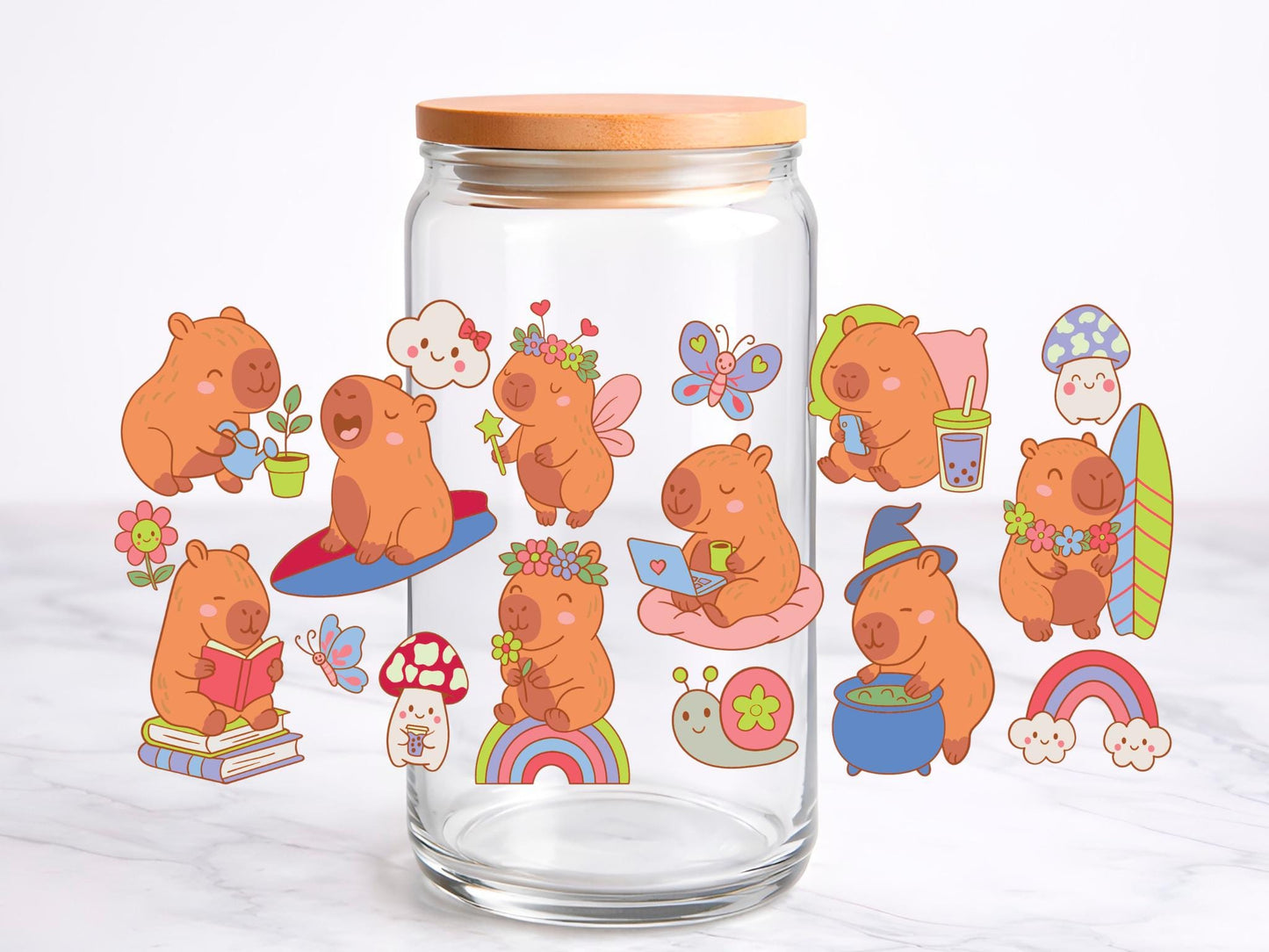 Happy Capybara UV DTF transfer sticker, 16oz glass can wrap