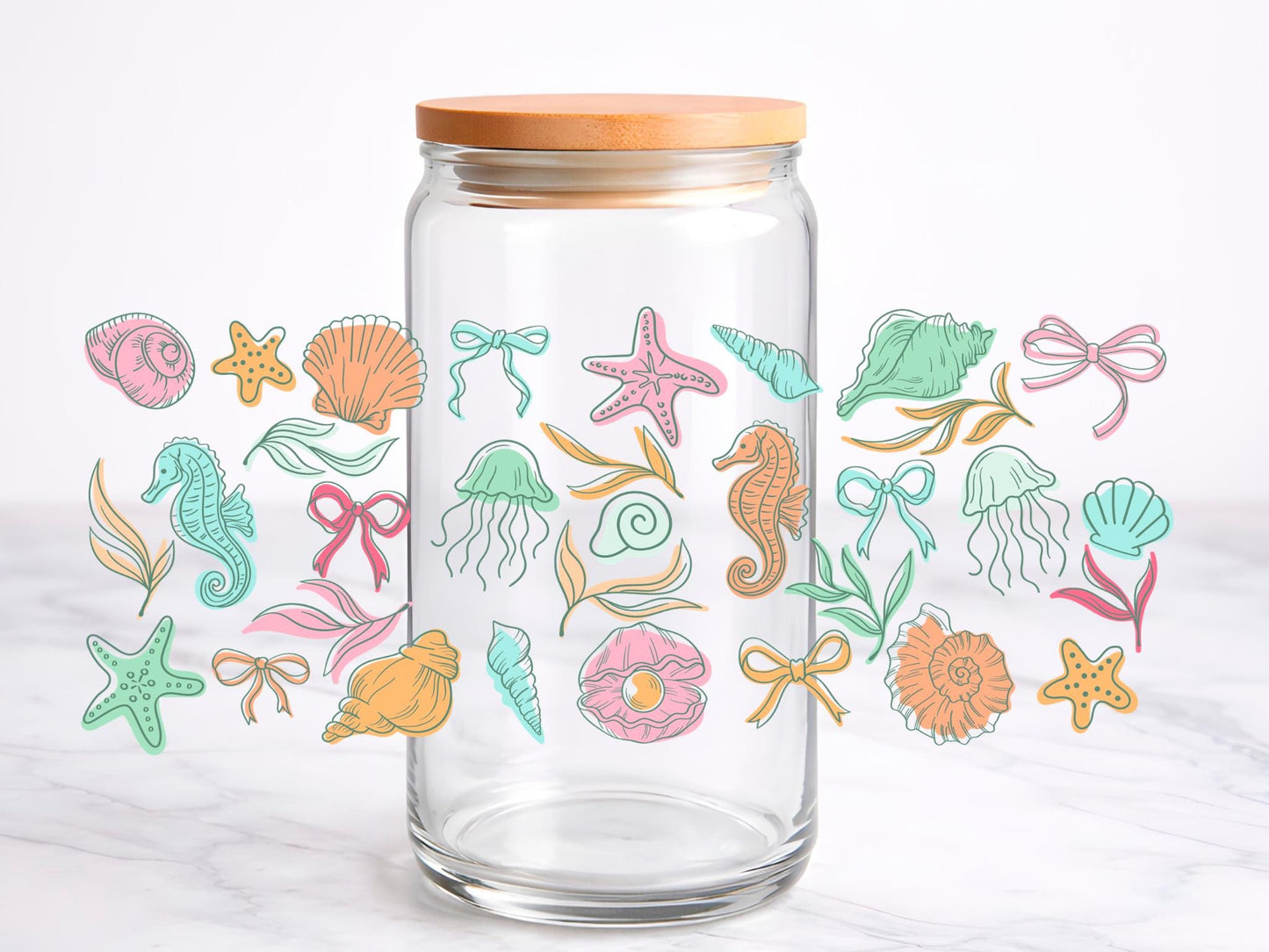 Under the Sea Life UV DTF transfer sticker, 16oz glass can wrap