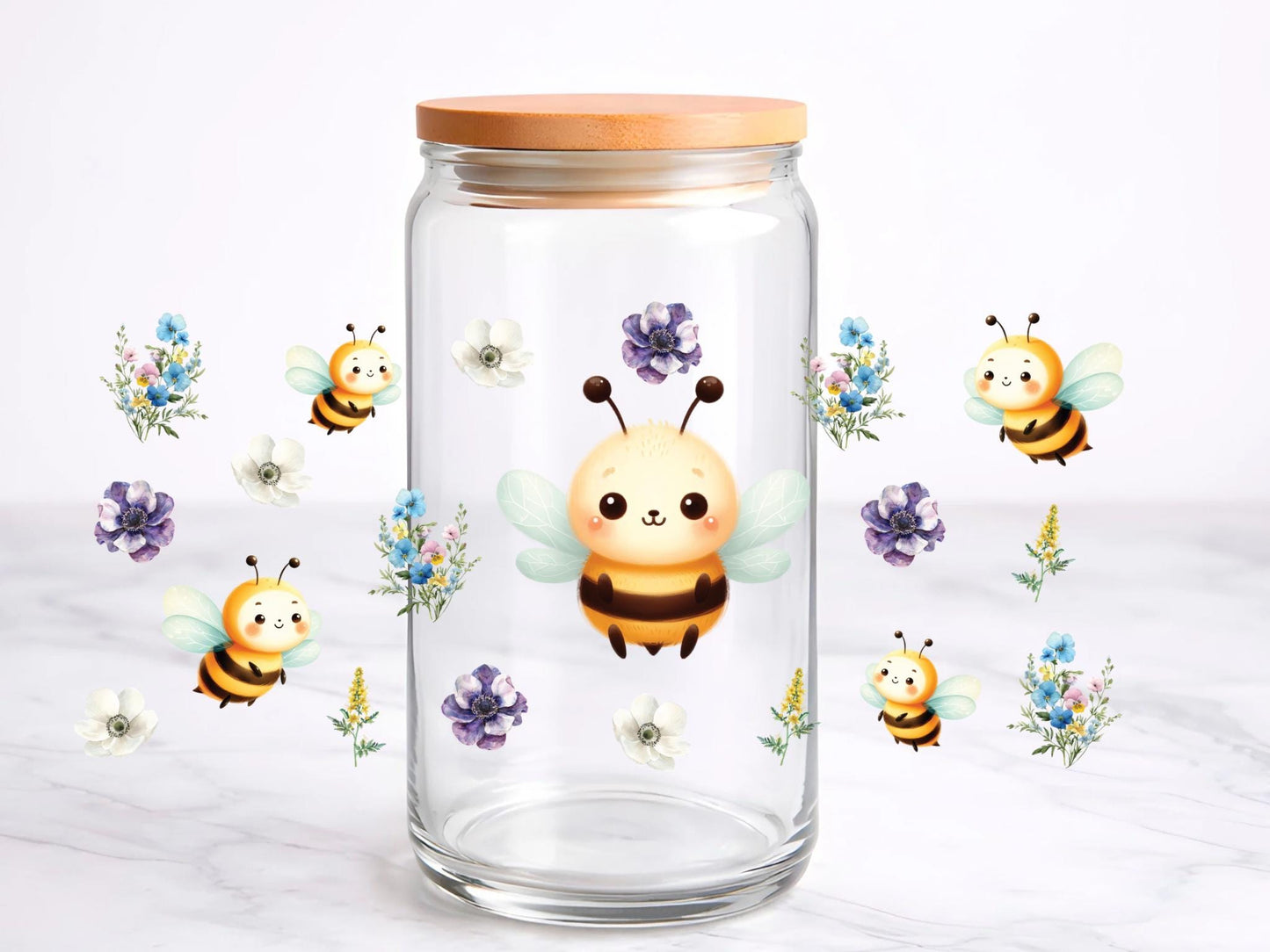 Spring Bee UV DTF transfer sticker, 16oz glass can wrap