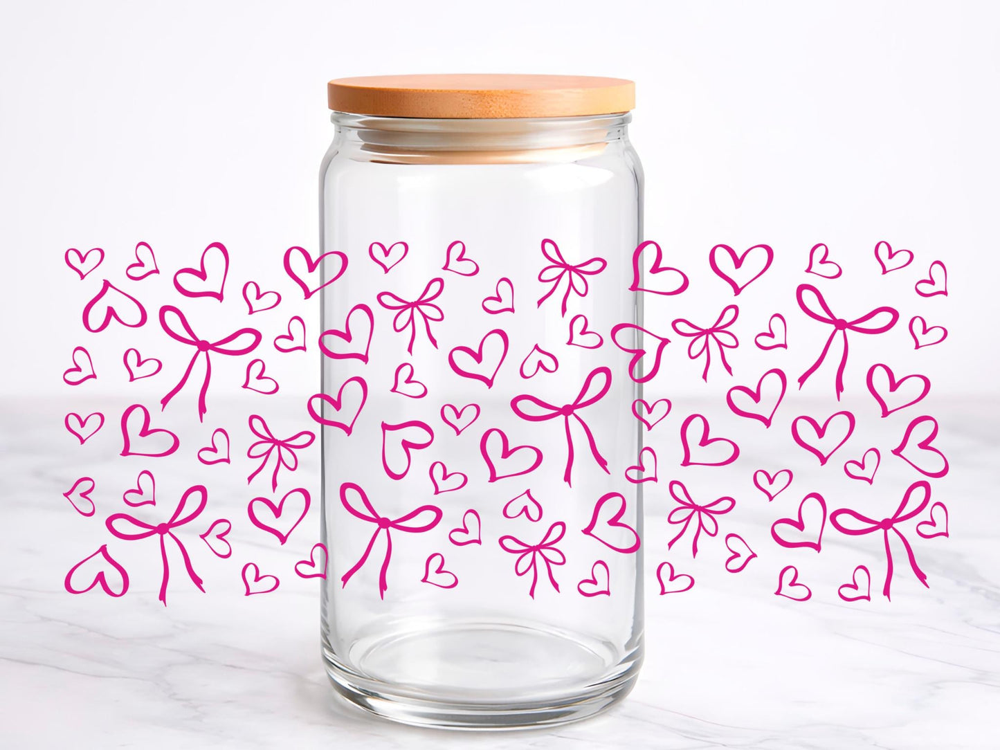 Coquette Love UV DTF transfer sticker, 16oz glass can wrap, double-sided