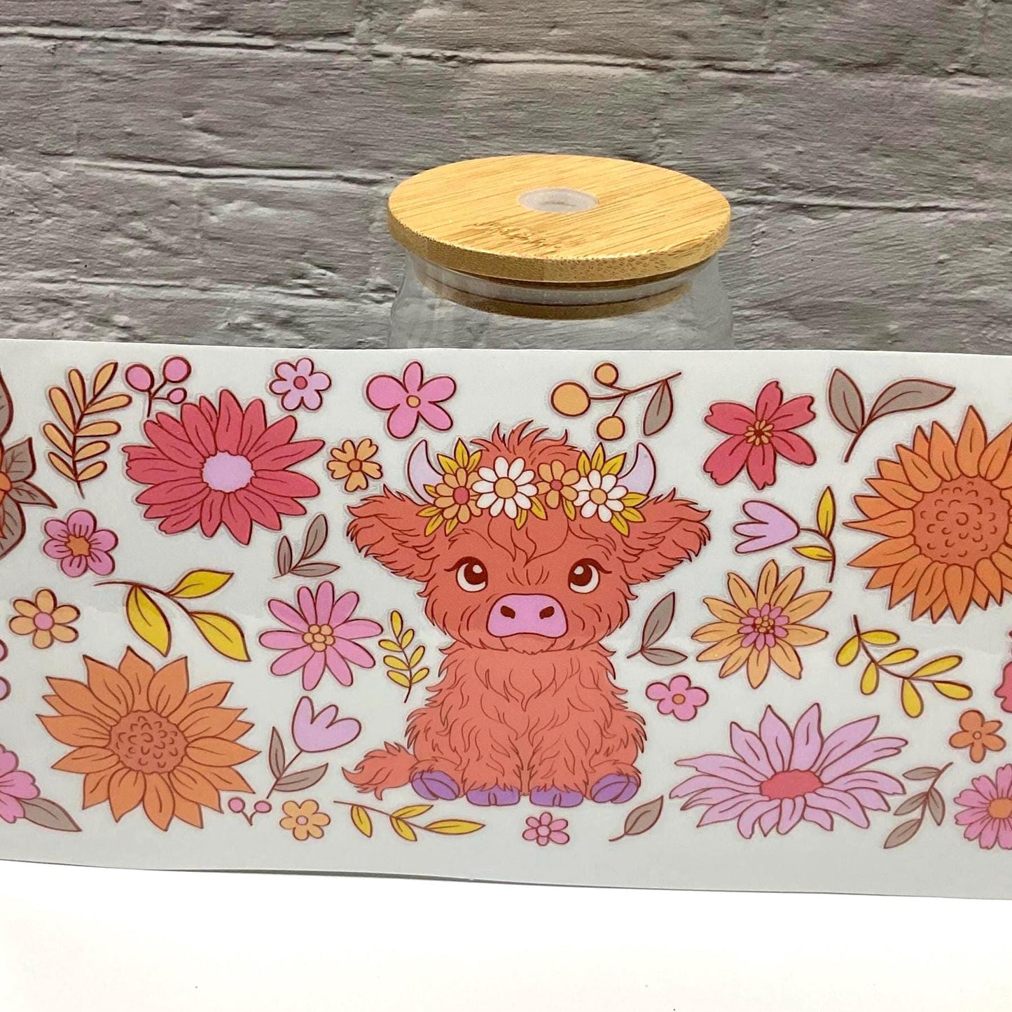 Floral Highland Cow UV DTF transfer sticker, 16oz glass can wrap