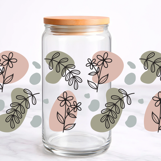 Boho Floral UV DTF transfer sticker, 16oz glass can wrap
