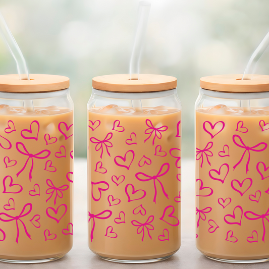 Coquette Love UV DTF transfer sticker, 16oz glass can wrap