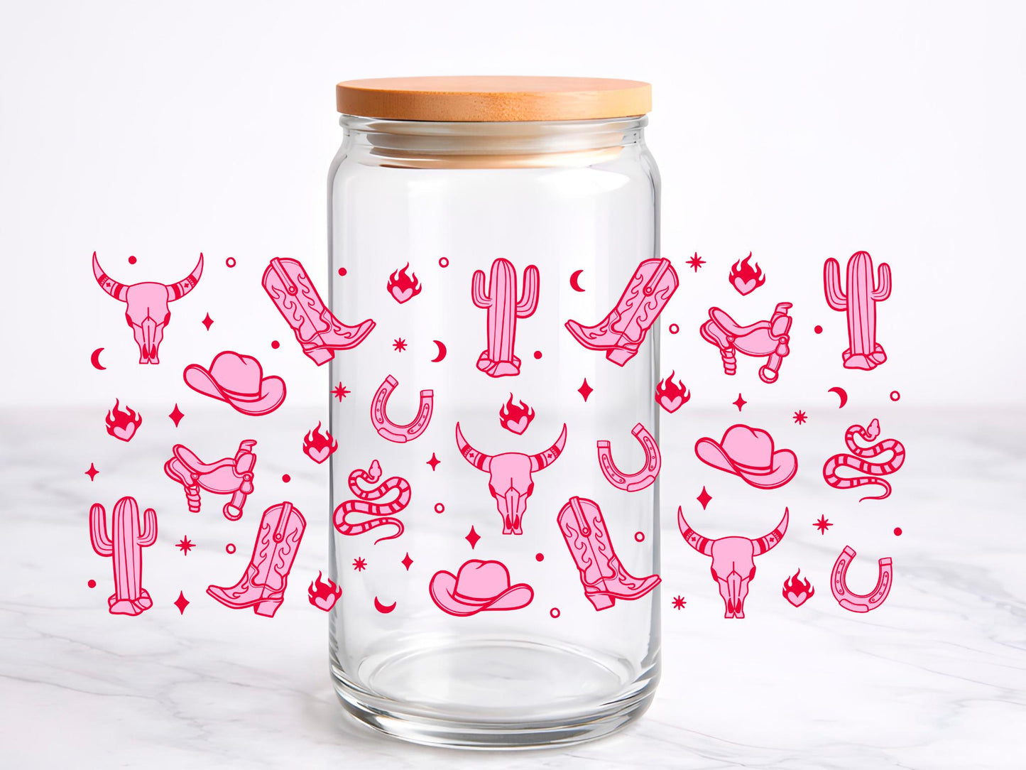 Pink Cow Girl UV DTF transfer sticker, 16oz glass can wrap