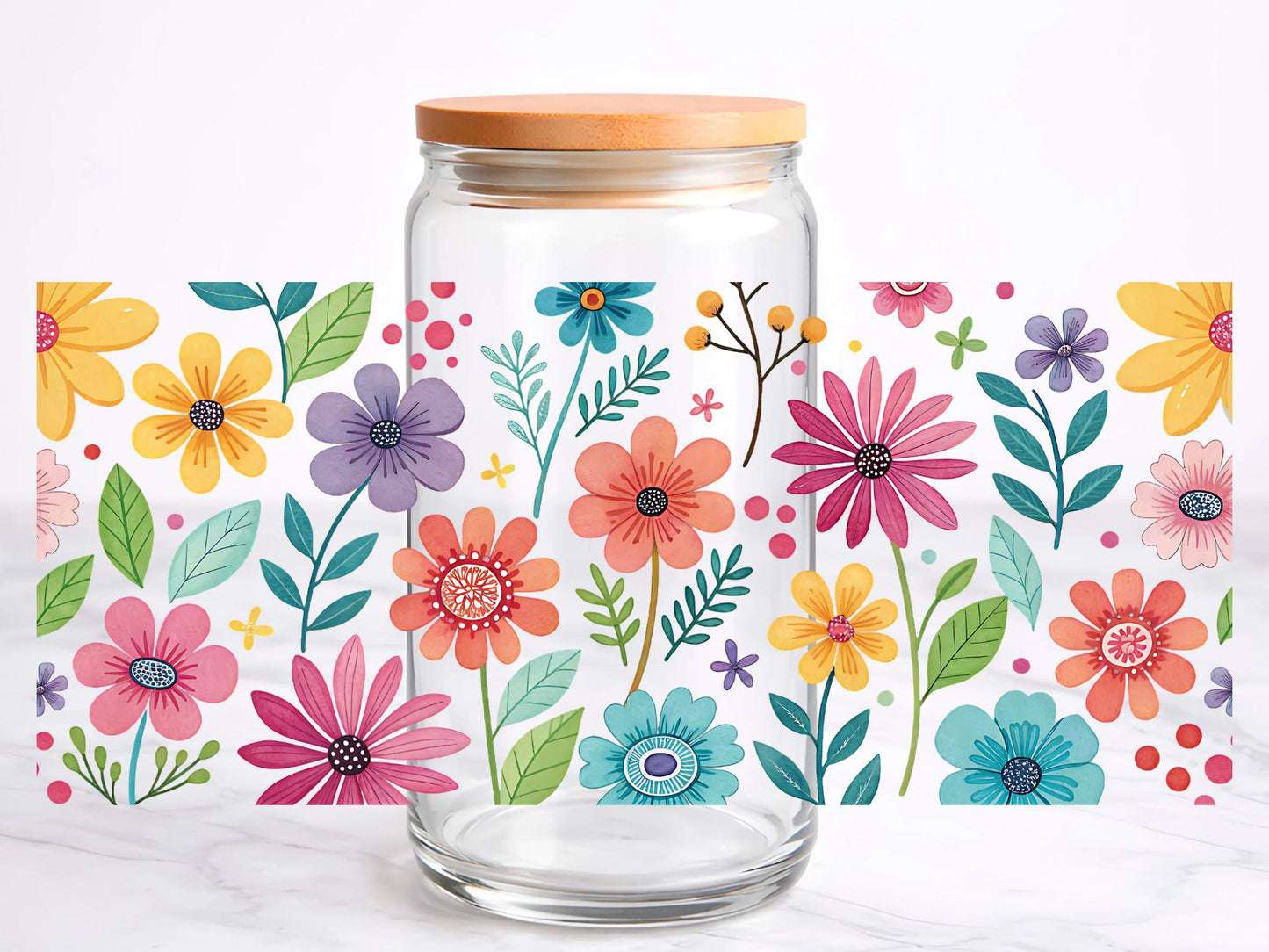 Meadow Floral UV DTF transfer sticker, 16oz glass can wrap