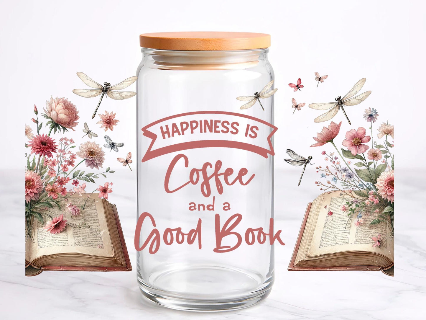 Happiness is Coffee And A Good Book UV DTF transfer sticker, 16oz glass can wrap