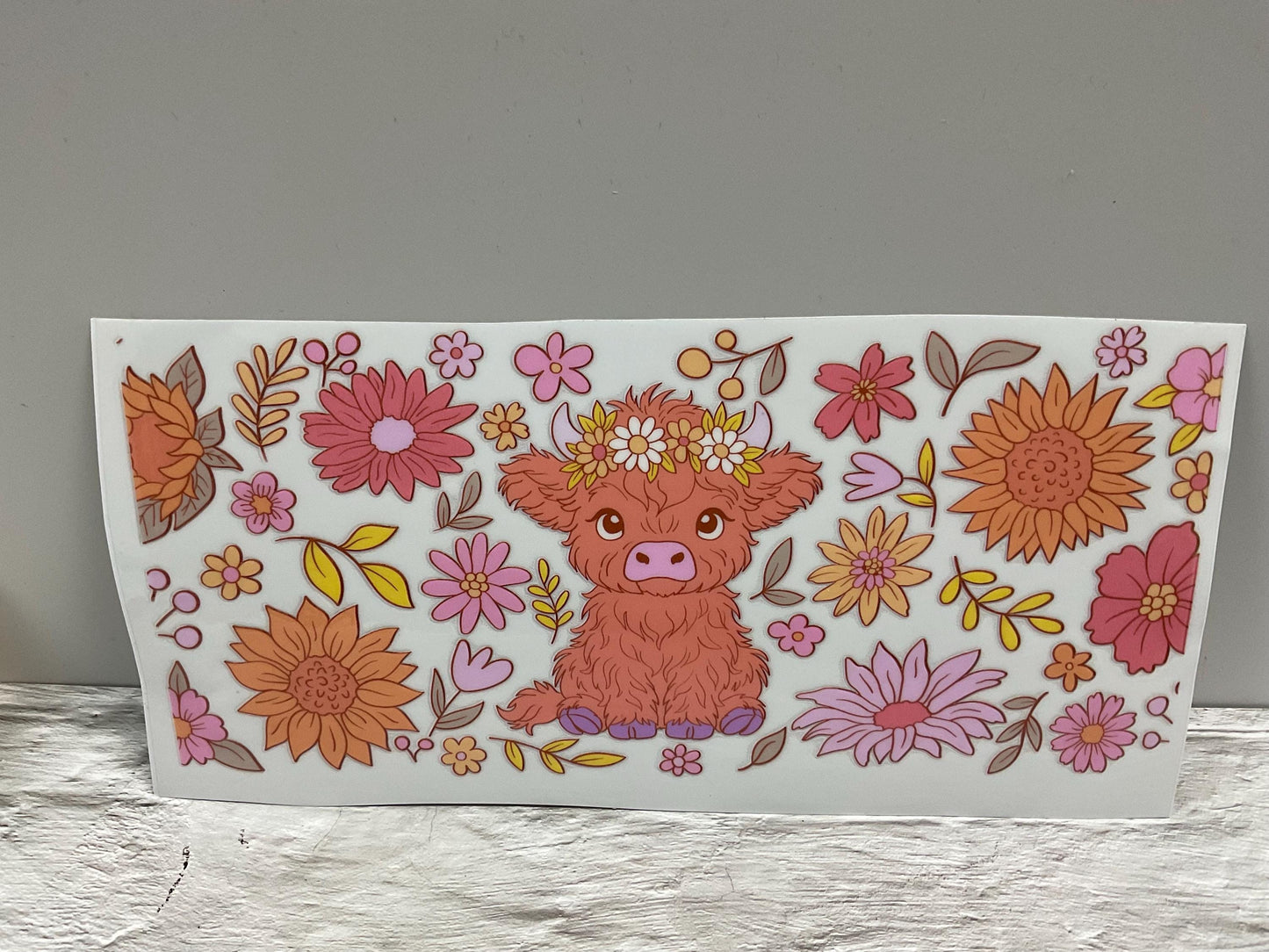 Floral Highland Cow UV DTF transfer sticker, 16oz glass can wrap
