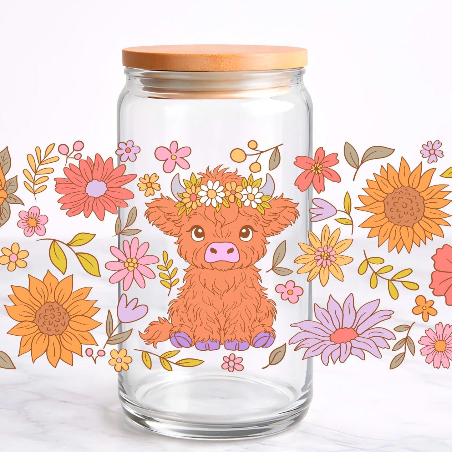 Floral Highland Cow UV DTF transfer sticker, 16oz glass can wrap