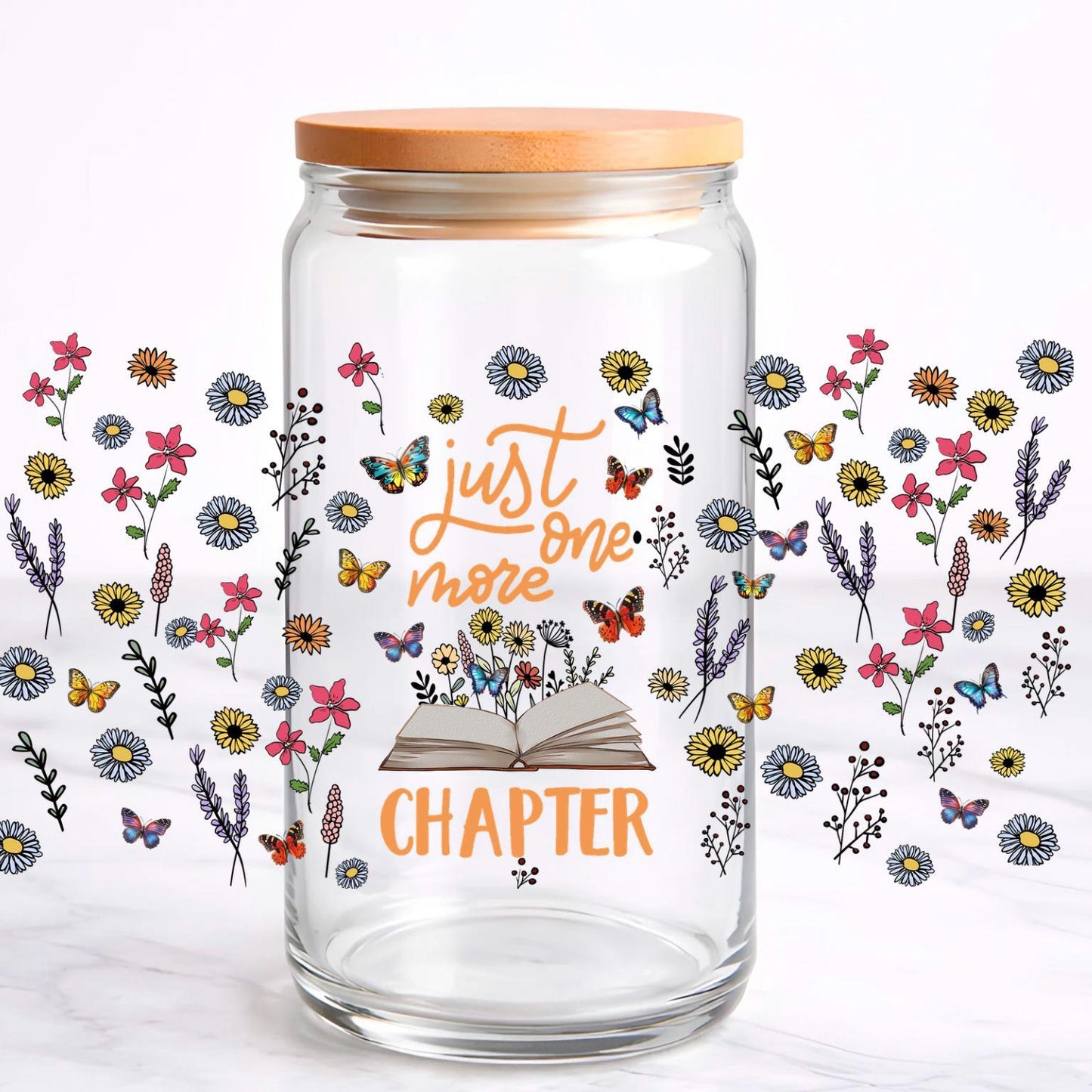 Just One More Chapter UV DTF transfer sticker, 16oz glass can wrap