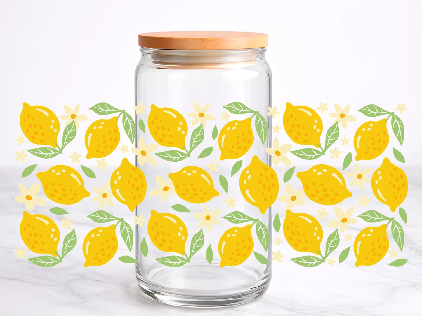 Lemon Dreams UV DTF transfer sticker, 16oz glass can wrap