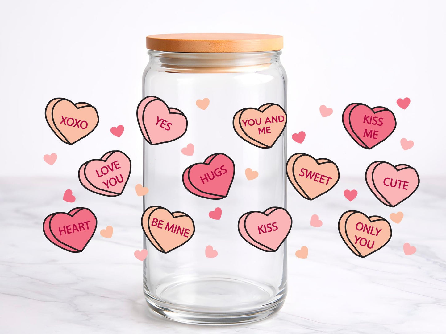 Love Heart UV DTF transfer sticker, 16oz glass can wrap