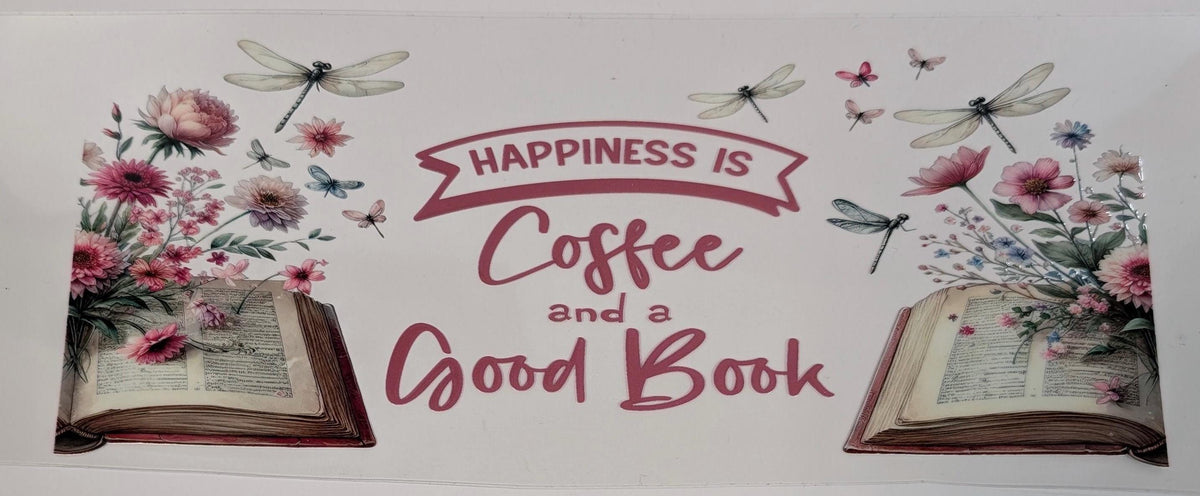 Happiness is Coffee And A Good Book UV DTF transfer sticker, 16oz glass can wrap __etsy:6387392664