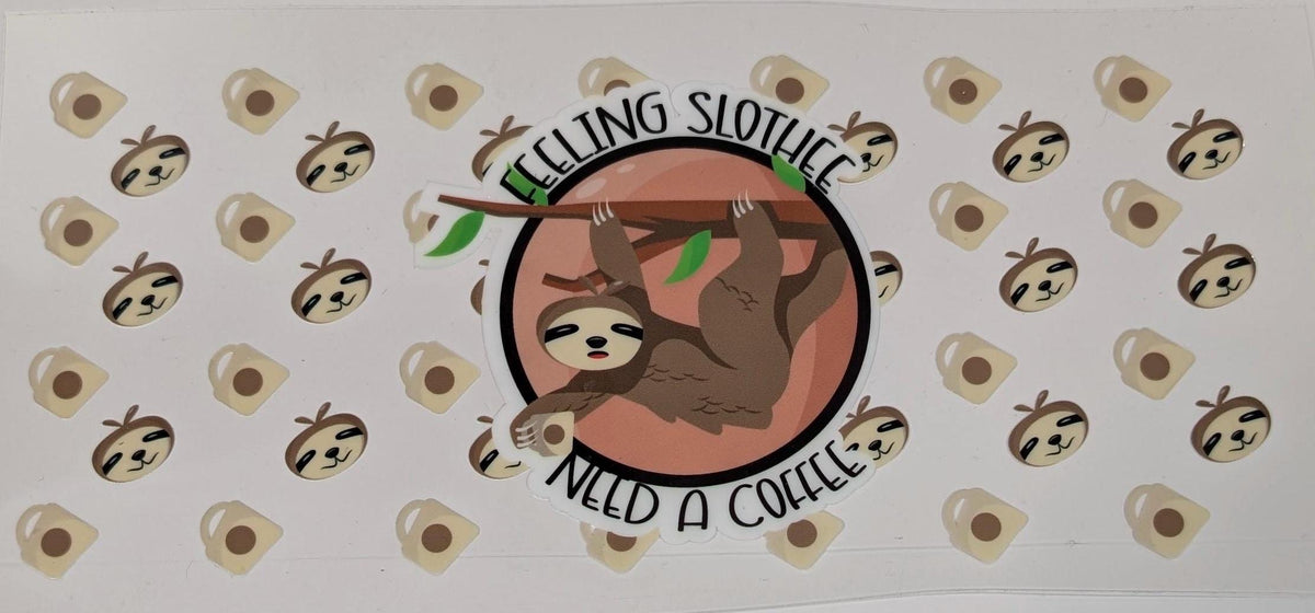 May include: A white background with a repeating pattern of brown sloths and coffee cups. A larger circle in the centre features a brown sloth hanging from a branch with the text "Feeling Slothful Need A Coffee". __etsy:7663026681