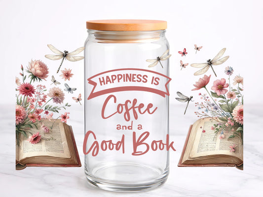 Happiness is Coffee And A Good Book UV DTF transfer sticker, 16oz glass can wrap __etsy:7809697229