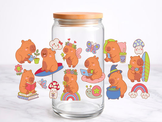 Happy Capybara UV DTF transfer sticker, 16oz glass can wrap __etsy:7997414782