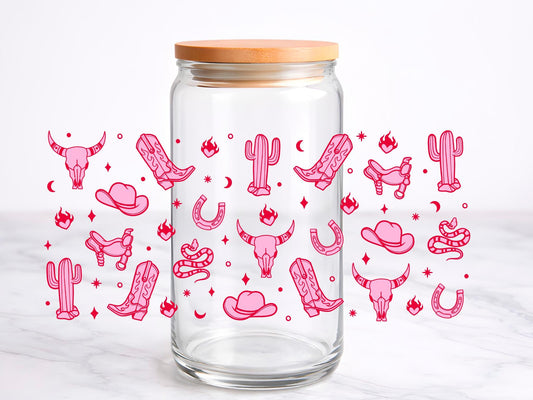 Pink Cow Girl UV DTF transfer sticker, 16oz glass can wrap __etsy:7997496018
